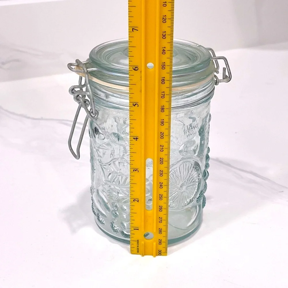 Vintage Embossed Fuit Pattern Glass Canister Set with Wire Bale Hinges, Set of 2